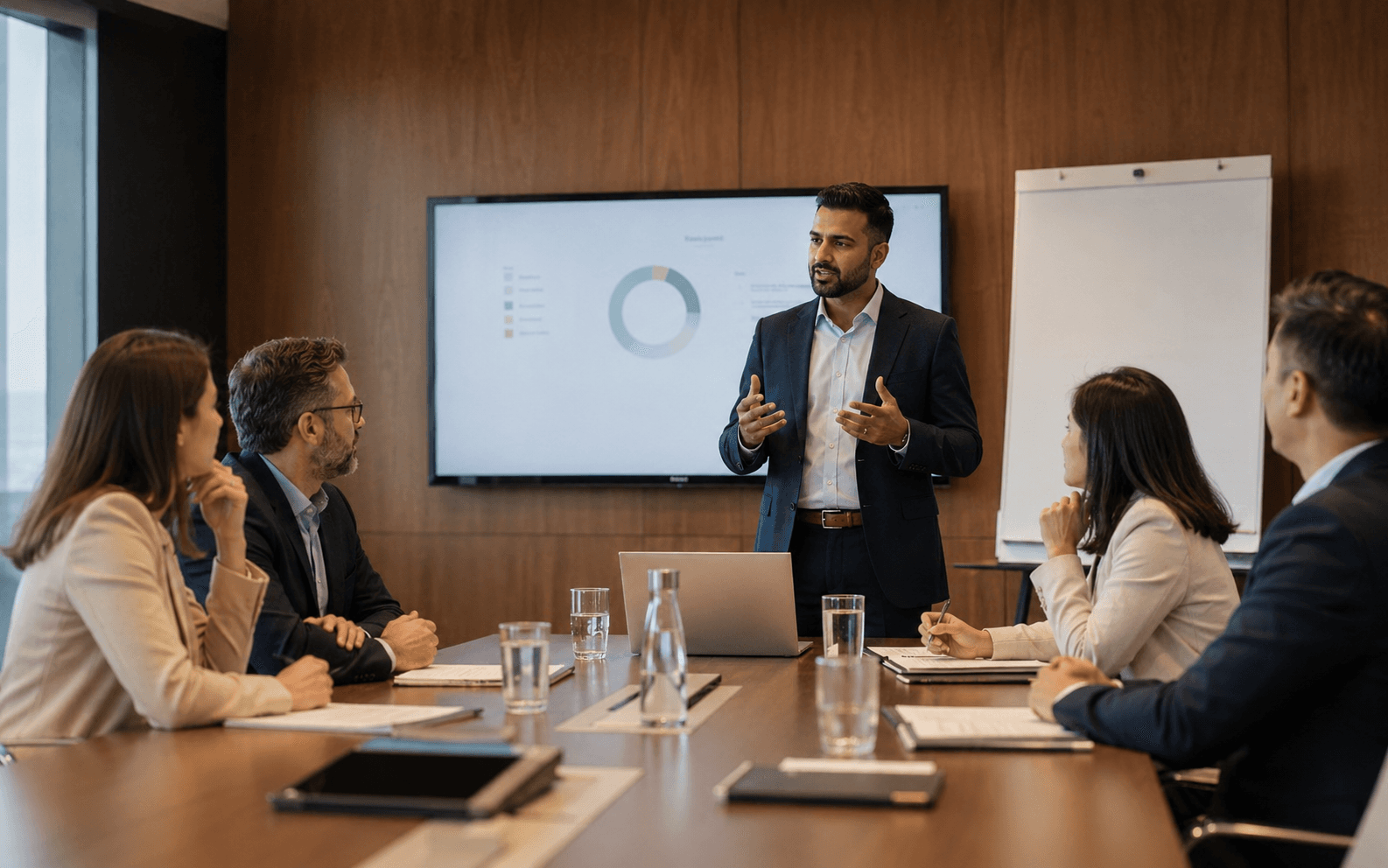 Business and technology professionals discussing strategy in a corporate meeting